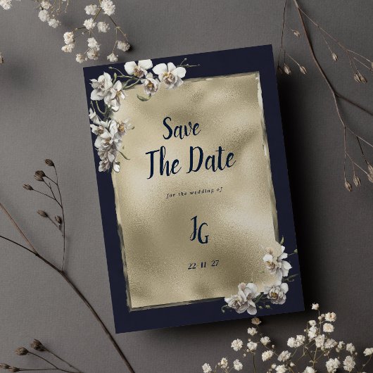 Glam navy blue gold white orchid Save The Date 招待状