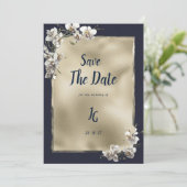 Glam navy blue gold white orchid Save The Date 招待状 (スタンド正面)