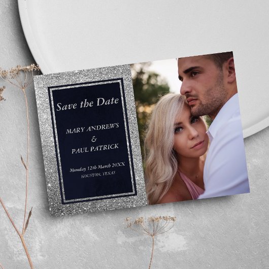 Glam navy blue silverグリッター写真Save The Date セーブザデート