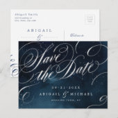 Glam navy silverヴィンテージ書が日付を保存 案内ポストカード (正面/裏面)
