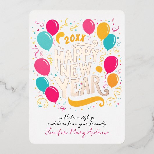 Glam New よくはしゃぐ Year Balloonsカラフルタイポグラフィ 箔招待状 (正面)