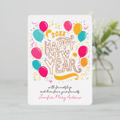 Glam New よくはしゃぐ Year Balloonsカラフルタイポグラフィ 箔招待状 (立ち正面)
