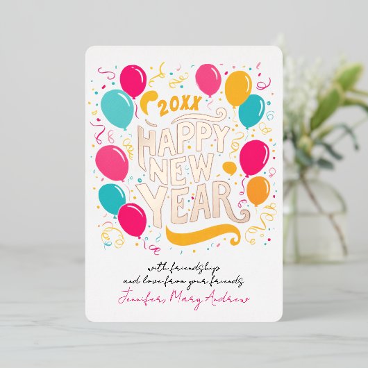 Glam New よくはしゃぐ Year Balloonsカラフルタイポグラフィ 箔招待状 (立ち正面)