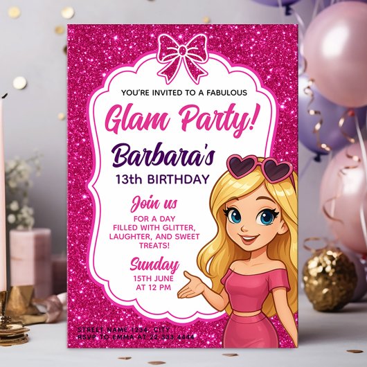 Glam Party Birthday for Girls with Pink Glitter 招待状
