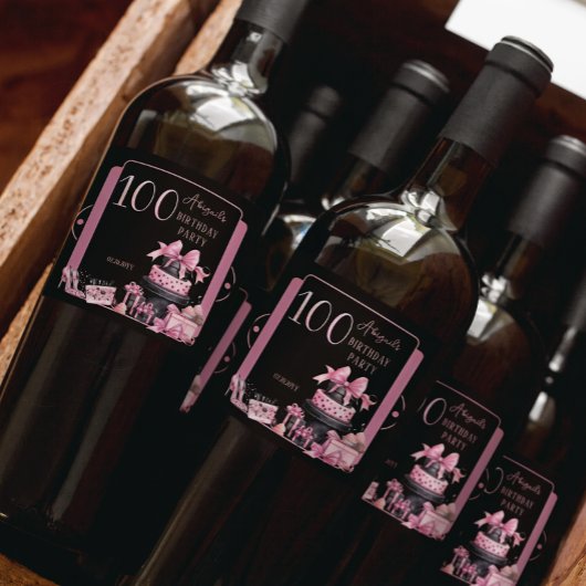 Glam Pink Blackファッション100thバースデーパーティー スパークリングワインラベル