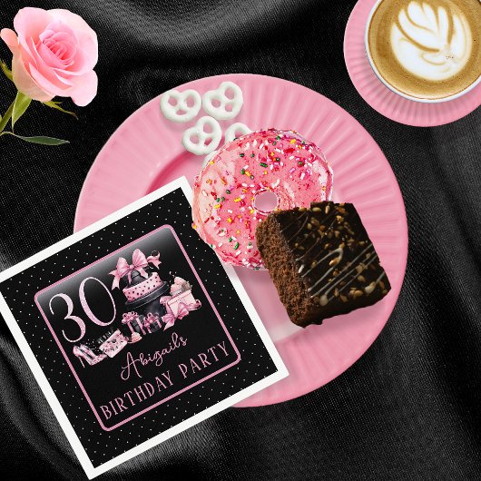 Glam Pink Blackファッション30th Birthdayパーティー スタンダードカクテルナプキン