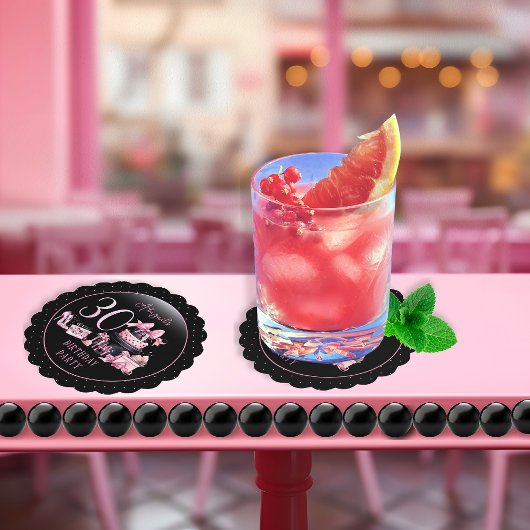 Glam Pink Blackファッション30th Birthdayパーティー ペーパーコースター
