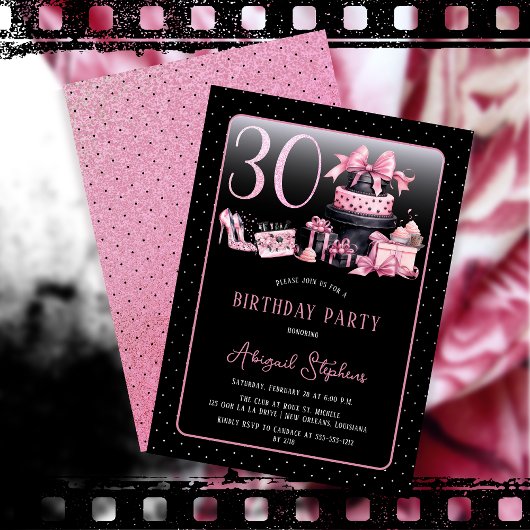 Glam Pink Blackファッション30th Birthdayパーティー 招待状