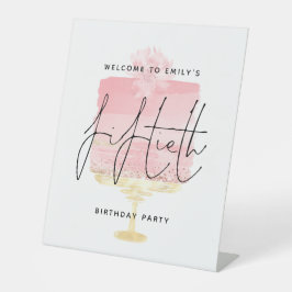 Glam Pink Cake Welcome Name Script 50thパーティー 台座サイン