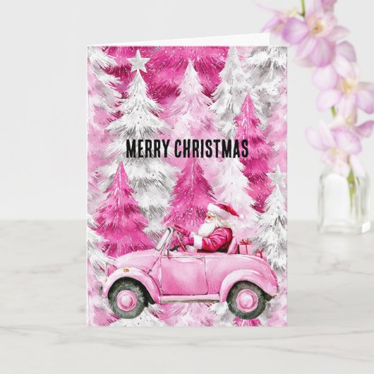 Glam Pink Christmas Trees Santa in Car カード (蘭)