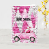 Glam Pink Christmas Trees Santa in Car カード (黄色い花)