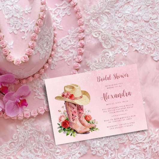 Glam Pink Cowgirl Boots Bridal Shower 招待状