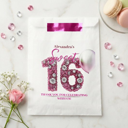 Glam Pink Diamonds & Silver Balloon Sweet 16 フェイバーバッグ