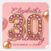 Glam Pink Gold Jeweled Balloon 30th Birthday スクエアシール (正面)