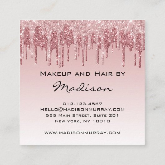 Glam Pink Rose金ゴールドグリッタードリップスメイクアップアーティスト スクエア名刺 (裏面)