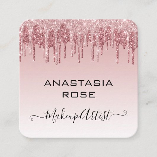 Glam Pink Rose金ゴールドグリッタードリップスメイクアップアーティスト スクエア名刺 (正面)