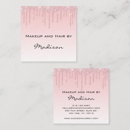 Glam Pink Rose金ゴールドグリッタードリップスメイクアップアーティスト スクエア名刺 (正面/裏面)