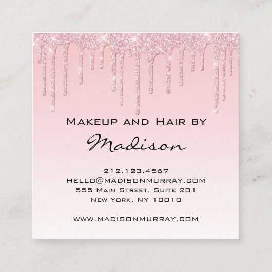 Glam Pink Rose金ゴールドグリッタードリップスメイクアップアーティスト スクエア名刺 (裏面)