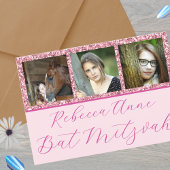 Glam Pink Script エレガント 3写真バルミツワー 招待状