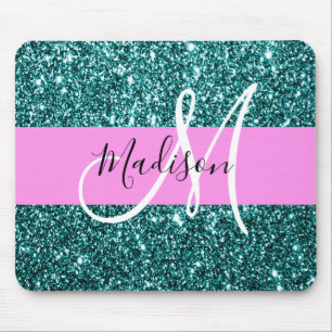 Glam Pink Teal Green Glitter Sparkle Name Monogram マウスパッド