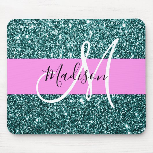 Glam Pink Teal Green Glitter Sparkle Name Monogram マウスパッド (正面)