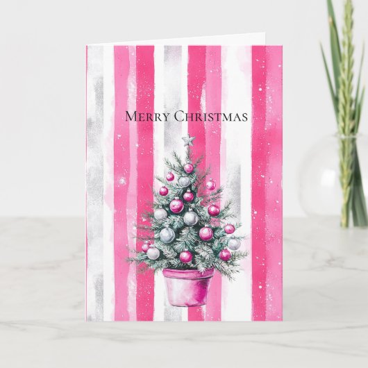 Glam Pink White Christmas Tree Stripes カード (正面)