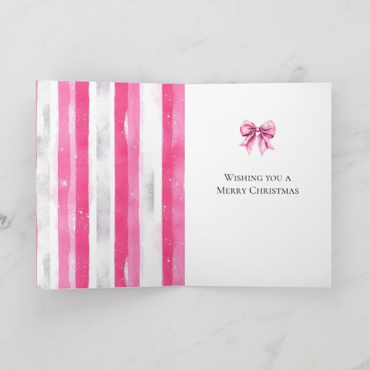 Glam Pink White Christmas Tree Stripes カード (内部)