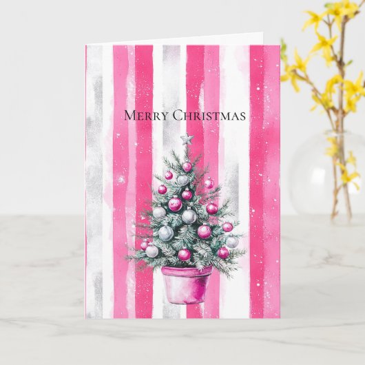 Glam Pink White Christmas Tree Stripes カード (黄色い花)