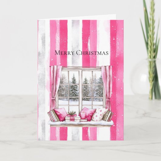 Glam Pink White Christmas Tree Window Stripes カード (正面)