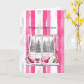 Glam Pink White Christmas Tree Window Stripes カード (黄色い花)