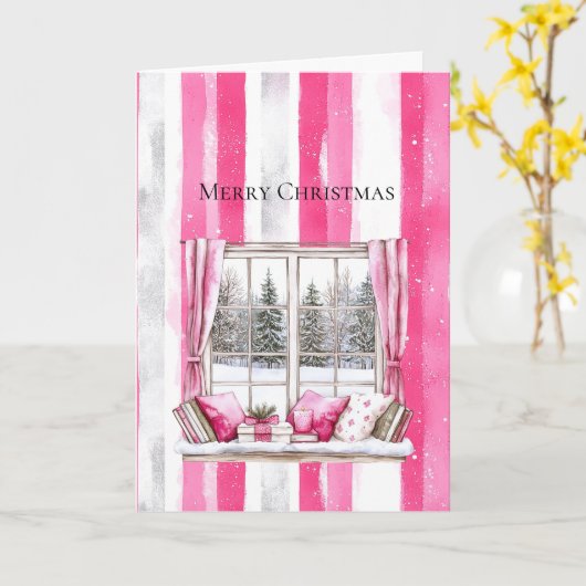 Glam Pink White Christmas Tree Window Stripes カード (黄色い花)
