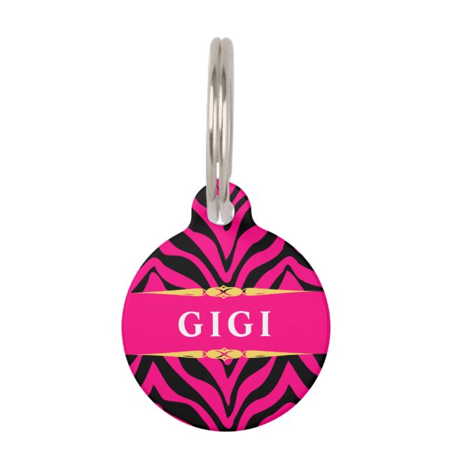 Glam Pink Zebra Print Personalized ペット　ネームタグ (正面)