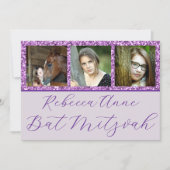 Glam Purpleスクリプエレガントト3写真バルミツワー 招待状 (正面)