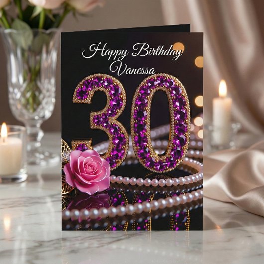 Glam Purple Amethyst Gems and Pearls 30th Birthday カード