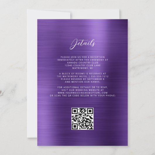 Glam Purple Brushed Metal QR Code 結婚's 招待状 (裏面)
