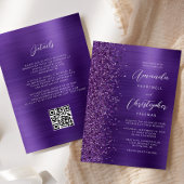 Glam Purple Brushed Metal QR Code 結婚's 招待状