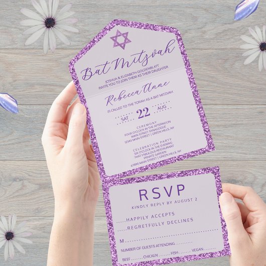 Glam Purple Classic Elegant Bat Mitzvah RSVP オールインワン招待状