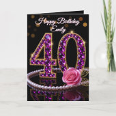 Glam Purple Diamonds Pearls Rose 40th Birthday カード (正面)