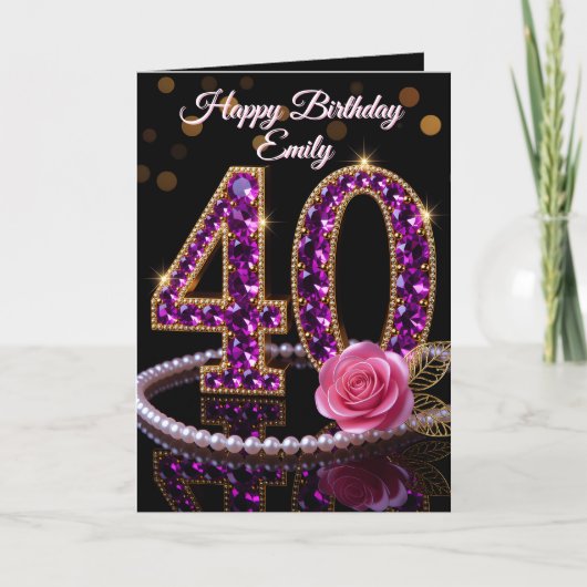 Glam Purple Diamonds Pearls Rose 40th Birthday カード (正面)