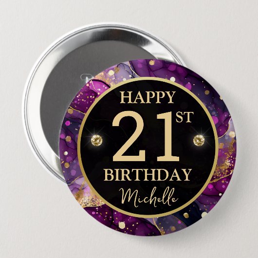 Glam Purple Gold Agate Birthday 缶バッジ (正面&裏面)
