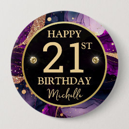 Glam Purple Gold Agate Birthday 缶バッジ