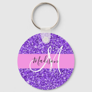 Glam Purple & Pink Glitter Sparkle Monogram Name キーホルダー