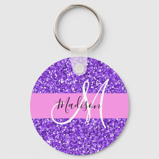 Glam Purple & Pink Glitter Sparkle Monogram Name キーホルダー (正面)