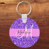 Glam Purple & Pink Glitter Sparkle Monogram Name キーホルダー (正面)