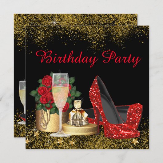 Glam Redハイヒールシューバースデーパーティー 招待状 (正面/裏面)
