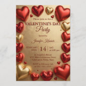 Glam Red and Gold 3D Hearts Valentine's Day Party 招待状 (正面)