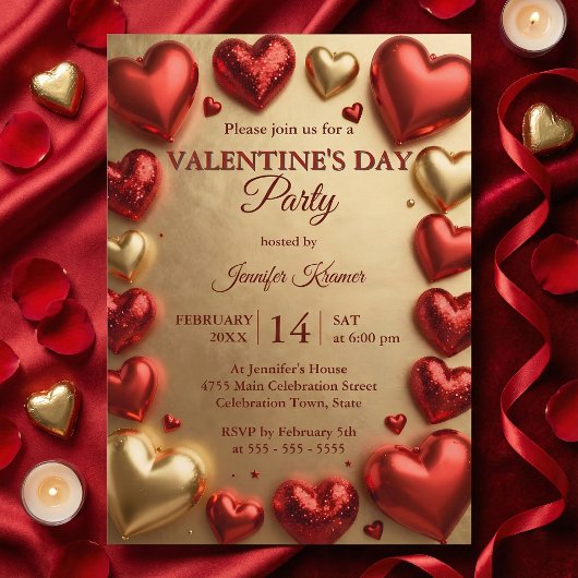 Glam Red and Gold 3D Hearts Valentine's Day Party 招待状