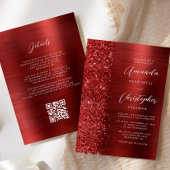 Glam Red Brushed Metal QR Code Wedding 招待状