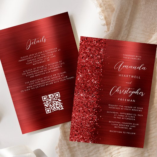 Glam Red Brushed Metal QR Code Wedding 招待状