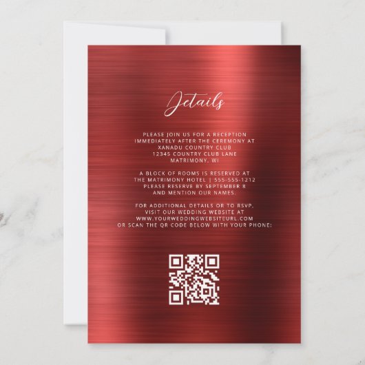 Glam Red Brushed Metal QR Code Wedding 招待状 (裏面)